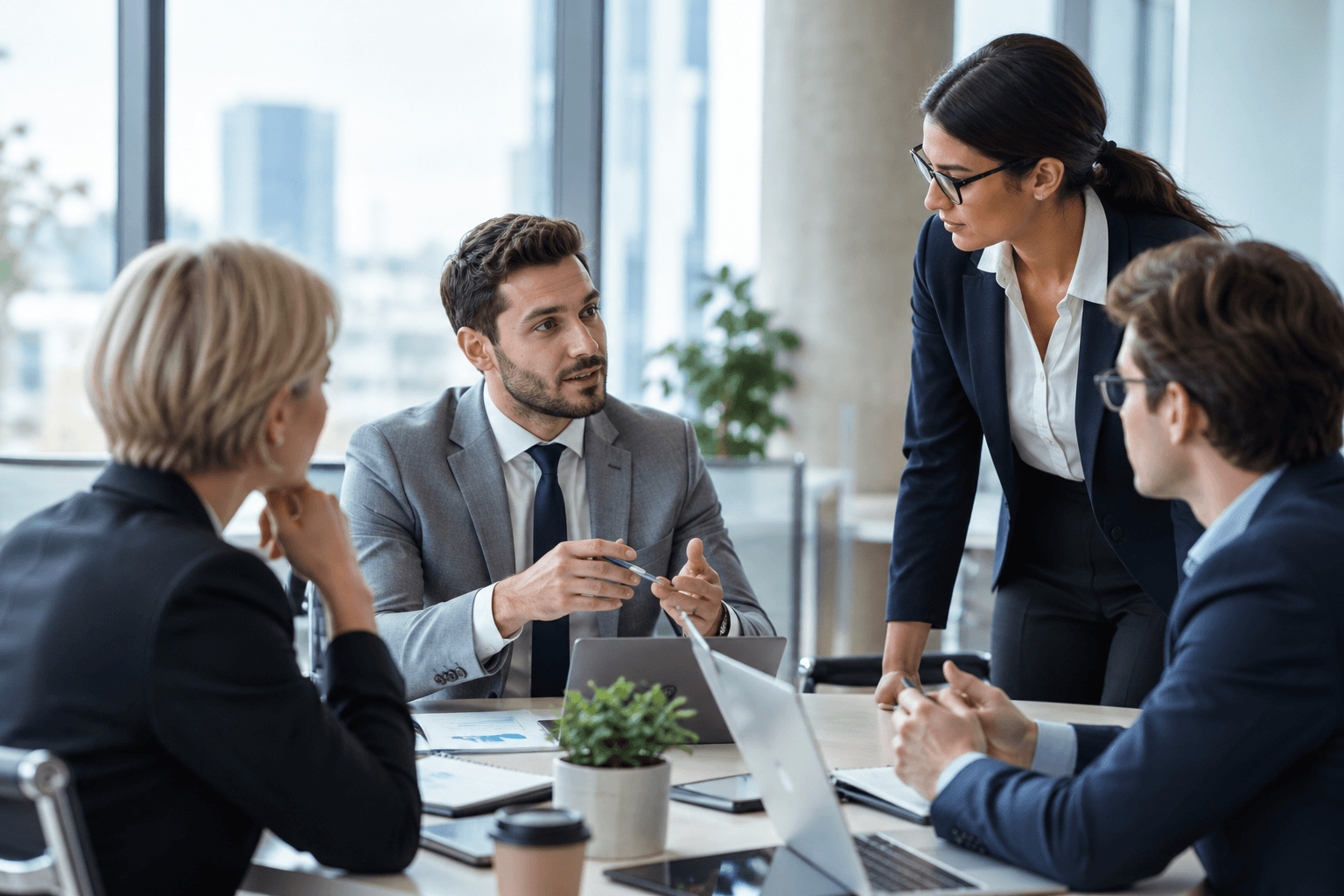 Mixed-gender leadership team collaborating